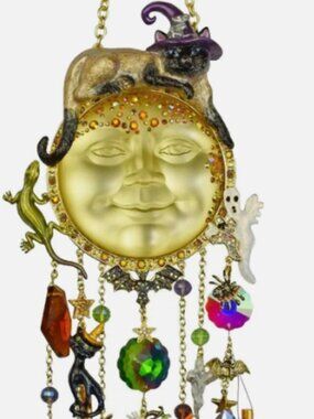 Kirks Folly Salem Cat Over the Goddess Seaview Moon Wind Chime Gold Tone